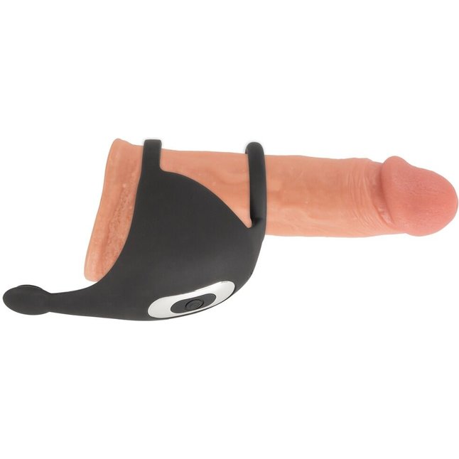 Черная вибронасадка для эрекции и стимуляции мошонки Cock ring with RC ball massager - Rebel. Фотография 11.