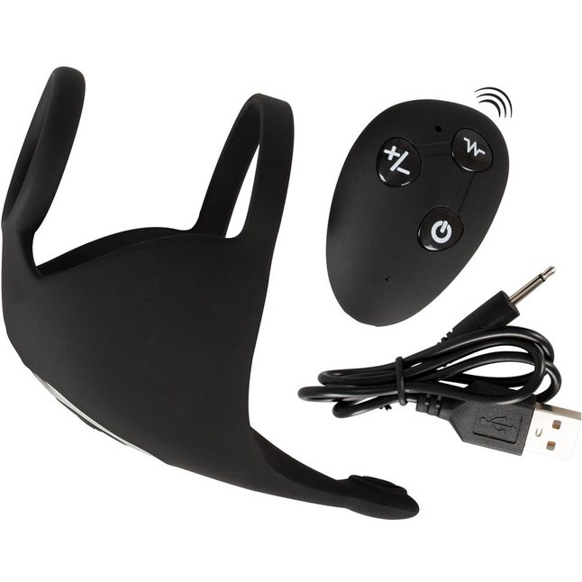 Черная вибронасадка для эрекции и стимуляции мошонки Cock ring with RC ball massager - Rebel. Фотография 9.