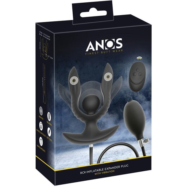 Черная расширяющаяся анальная пробка с вибрацией RC Inflatable Expander Plug with Vibration - Anos. Фотография 2.
