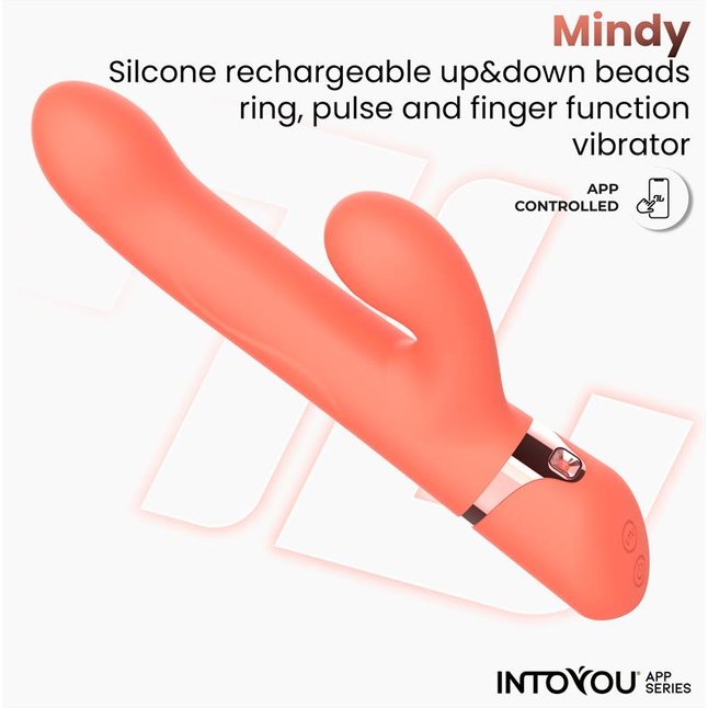 Коралловый вибратор-кролик с кольцом из бусин и имитацией фингеринга Mindy. Фотография 2.