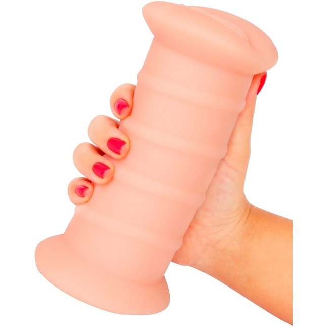 Телесный двусторонний мастурбатор с вибропулей и эрекционными кольцами в комплекте. Фотография 6.