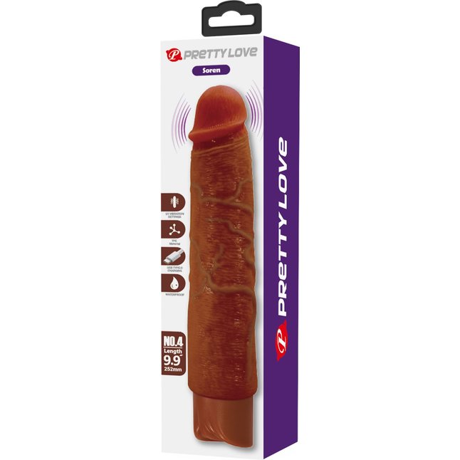 Коричневый реалистичный вибратор Soren - 25,2 см - Pretty Love. Фотография 3.