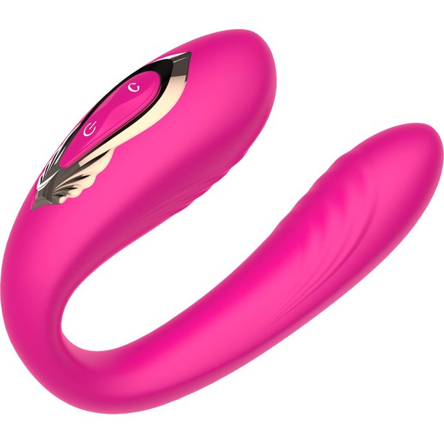 Розовый U-образный вибратор с вращающейся вагинальной частью. Фотография 4.