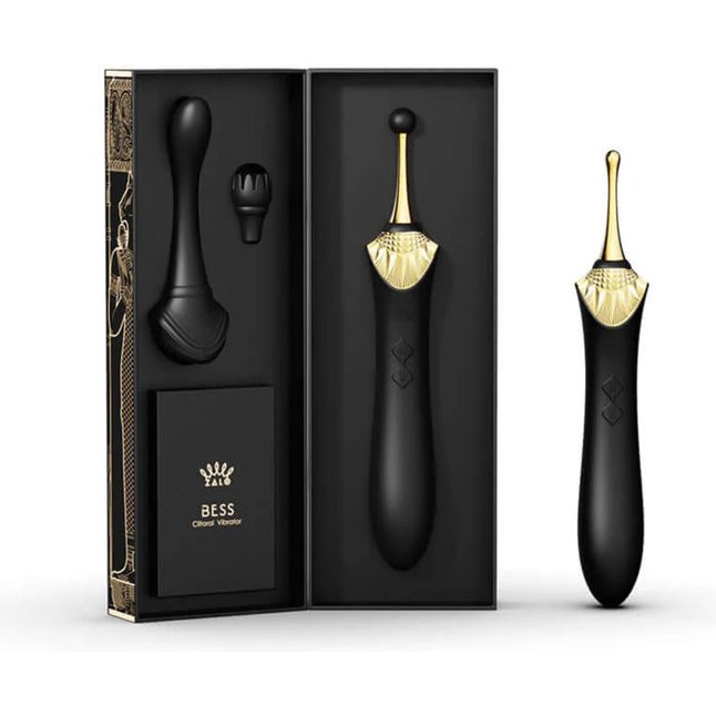Черный клиторальный вибростимулятор с насадками Bess. Фотография 9.