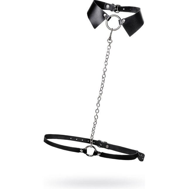 Черная портупея-чокер с поводком и карабином в виде кольца. Фотография 2.