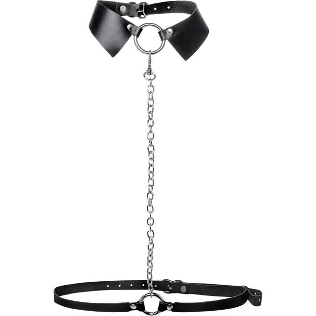 Черная портупея-чокер с поводком и карабином в виде кольца. Фотография 3.
