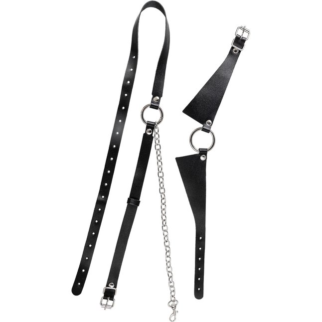 Черная портупея-чокер с поводком и карабином в виде кольца. Фотография 4.
