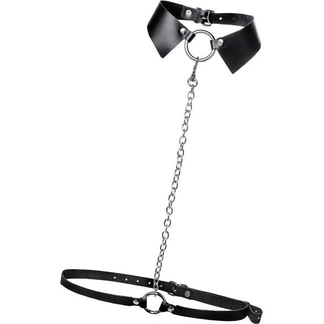 Черная портупея-чокер с поводком и карабином в виде кольца. Фотография 6.