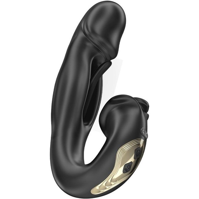 Черный вагинально-клиторальный вибратор с функцией маятника - 18 см