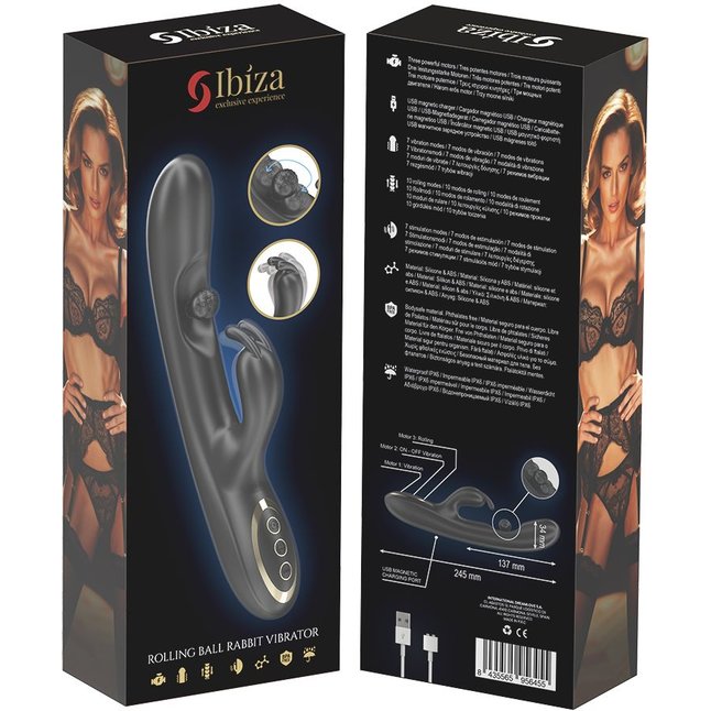 Черный вибратор-кролик с вращающимся шариком - 24,5 см. Фотография 3.