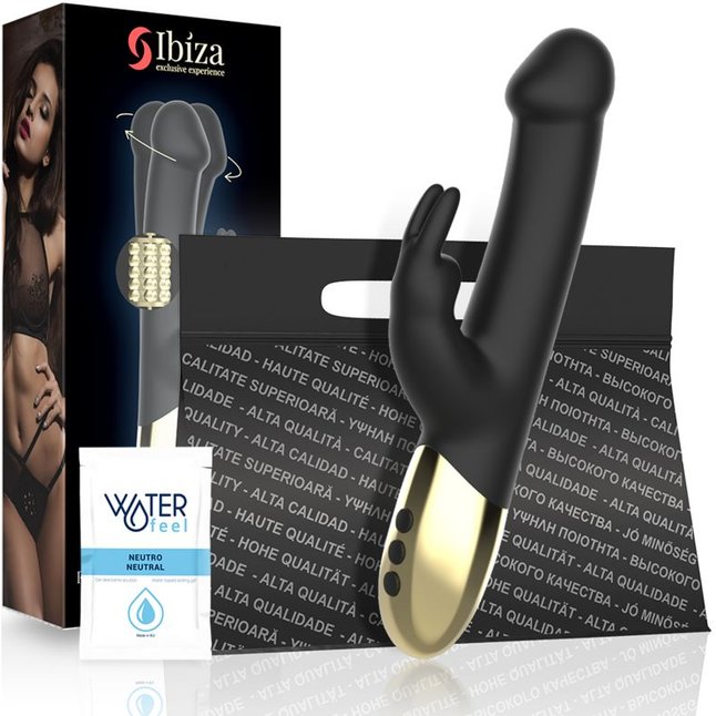 Черный вибратор-кролик с вращением бусин - 22 см. Фотография 9.