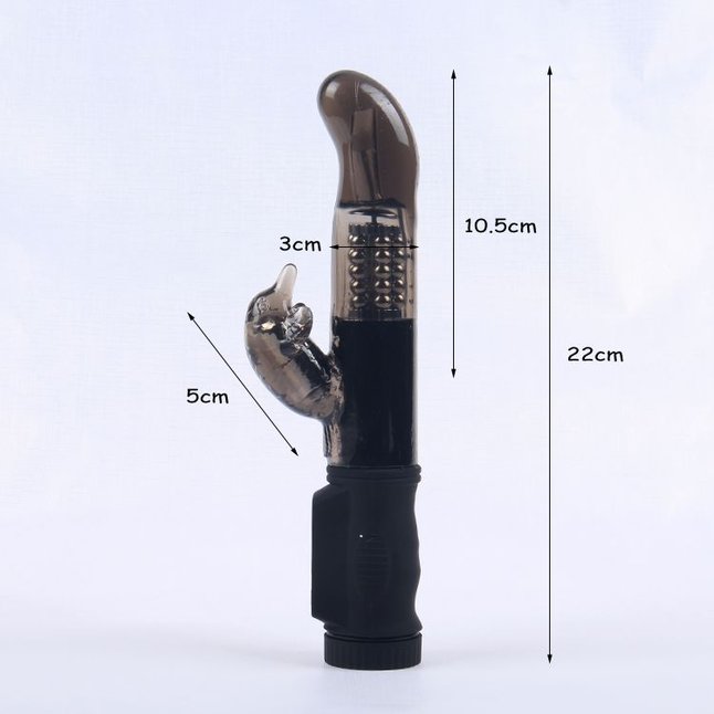 Дымчатый вибратор с изогнутой головкой, ротацией и клиторальным отростком - 22 см. Фотография 3.