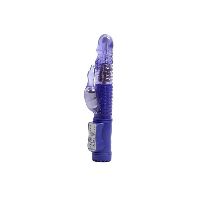 Синий вибратор с ротацией и клиторальным стимулятором - 22,5 см