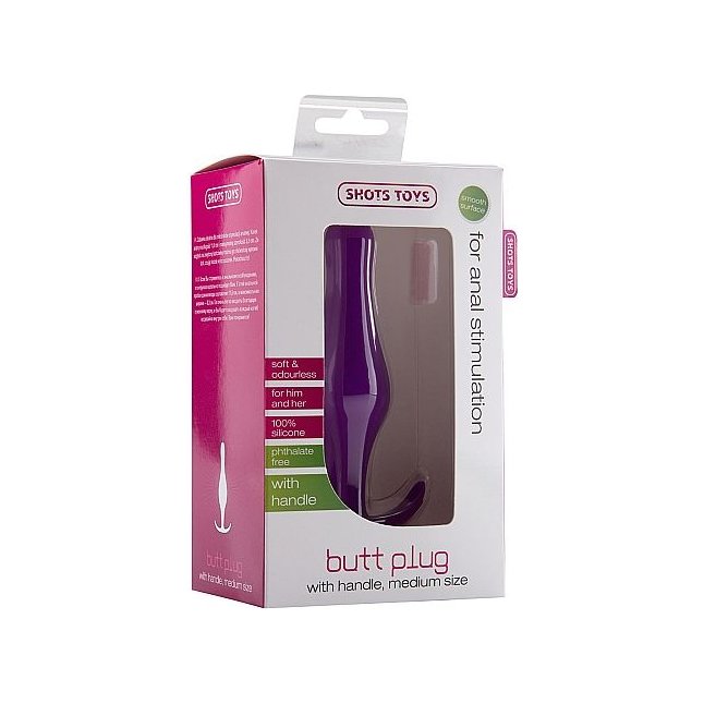 Фиолетовая анальная пробка Butt Plug with Handle Medium - 12,6 см - Shots Toys. Фотография 3.