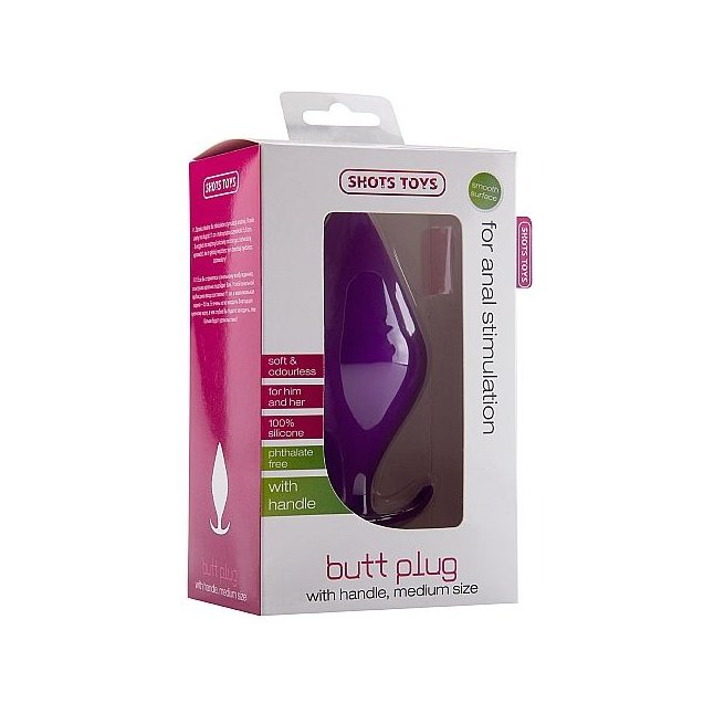 Фиолетовая анальная пробка Butt Plug with Handle Medium - 12 см - Shots Toys. Фотография 3.