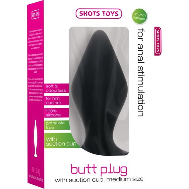 Чёрная средняя анальная пробка Butt Plug with Suction Cup Medium - Shots Toys. Фотография 3.