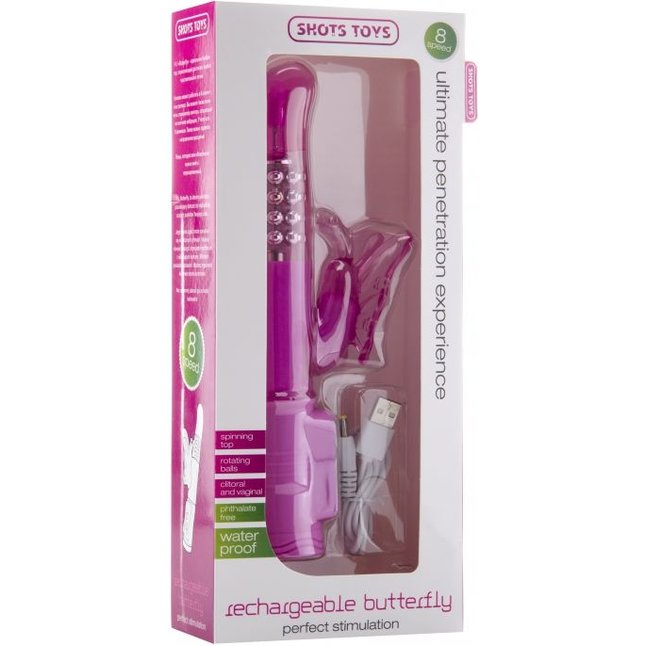 Розовый перезаряжаемый вибратор Rechargeable Butterfly с клиторальной бабочкой - 22,8 см - Shots Toys. Фотография 2.