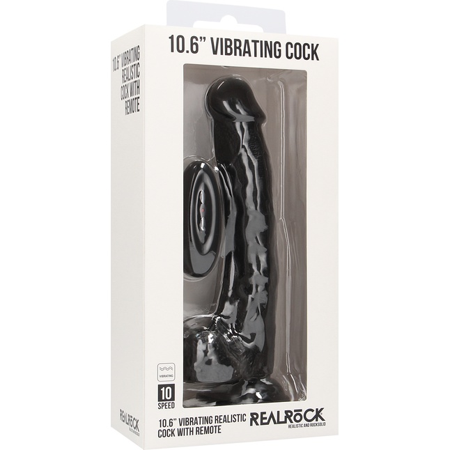 Чёрный вибратор-реалистик Vibrating Realistic Cock 10 With Scrotum - 27 см - RealRock. Фотография 2.