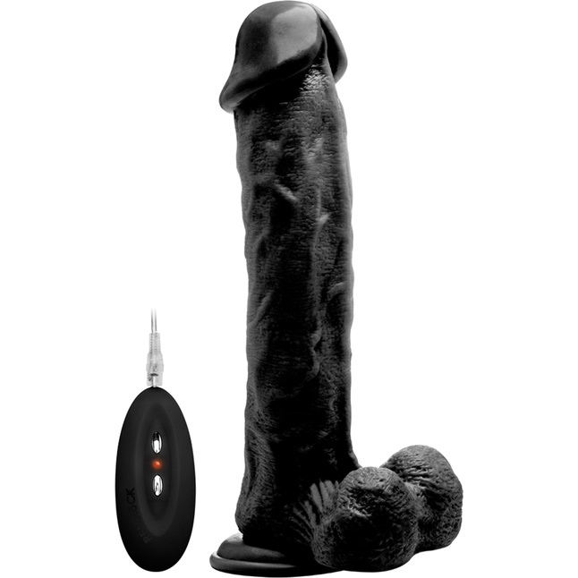 Чёрный вибратор-реалистик Vibrating Realistic Cock 11 With Scrotum - 29,5 см - RealRock