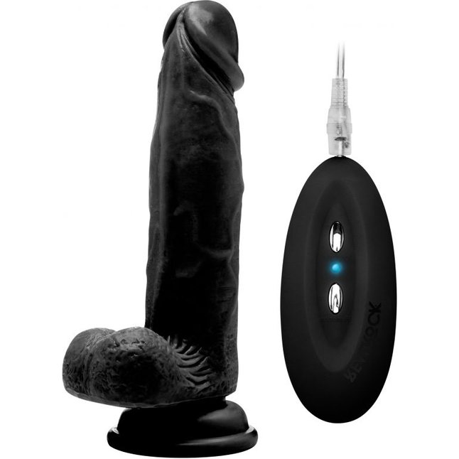Чёрный вибратор-реалистик Vibrating Realistic Cock 8 With Scrotum - 20 см - RealRock