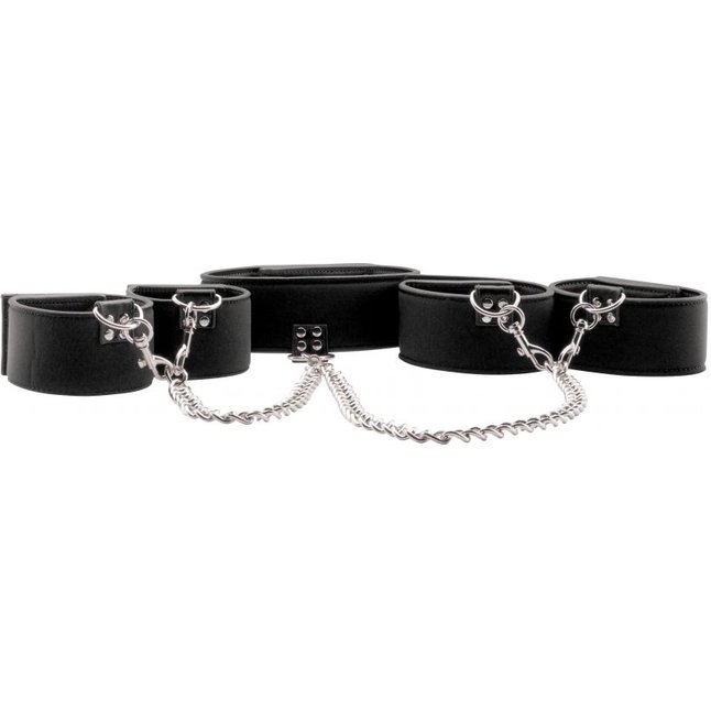 Чёрный двусторонний комплект для бандажа Reversible Collar / Wrist / Ankle Cuffs - Ouch!. Фотография 2.