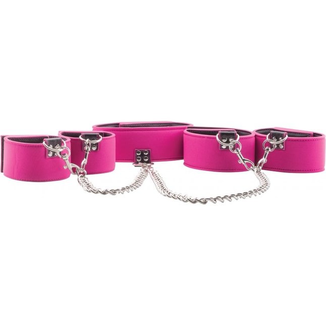 Чёрно-розовый двусторонний комплект для бандажа Reversible Collar / Wrist / Ankle Cuffs - Ouch!. Фотография 2.