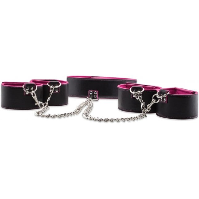 Чёрно-розовый двусторонний комплект для бандажа Reversible Collar / Wrist / Ankle Cuffs - Ouch!. Фотография 3.