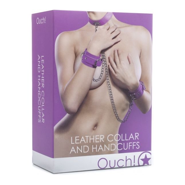 Фиолетовый комплект для бондажа Leather Collar and Handcuffs - Ouch!. Фотография 2.