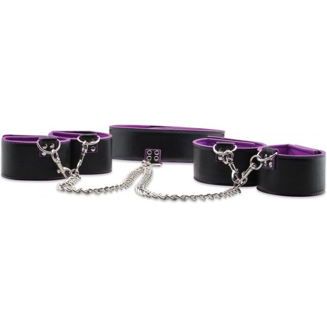 Чёрно-фиолетовый двусторонний комплект для бандажа Reversible Collar / Wrist / Ankle Cuffs - Ouch!. Фотография 3.