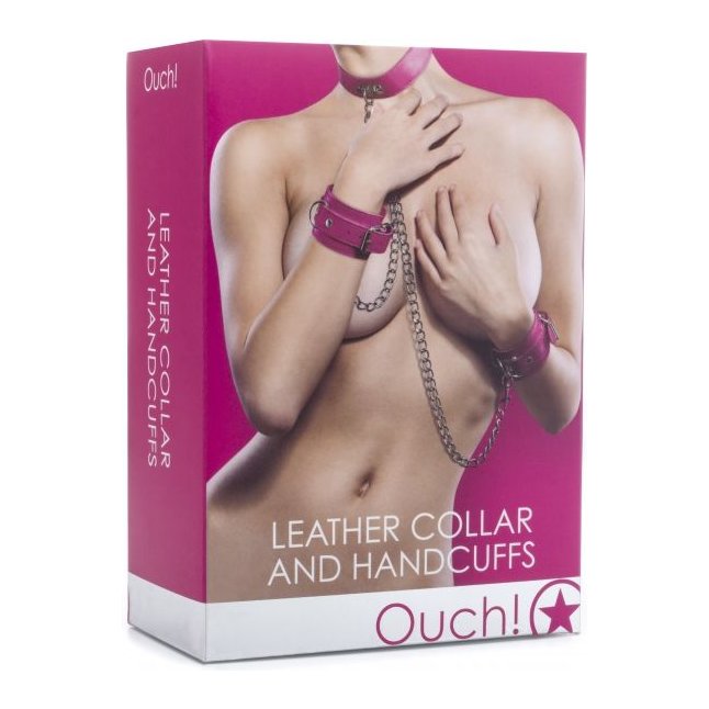 Розовый комплект для бондажа Leather Collar and Handcuffs - Ouch!. Фотография 2.