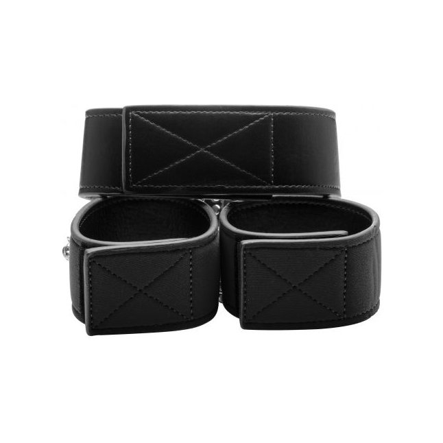 Чёрный двусторонний ошейник с наручниками Reversible Collar and Wrist Cuffs - Ouch!. Фотография 2.