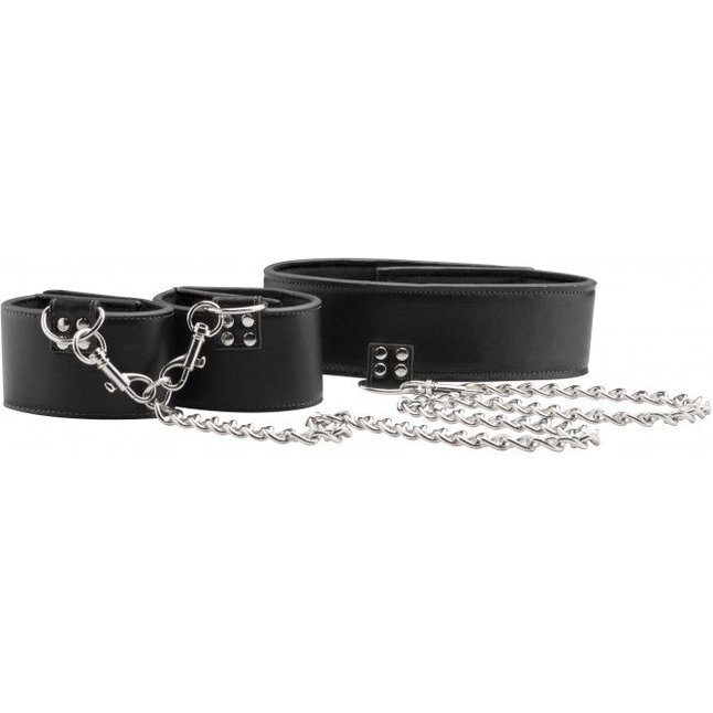 Чёрный двусторонний ошейник с наручниками Reversible Collar and Wrist Cuffs - Ouch!. Фотография 3.