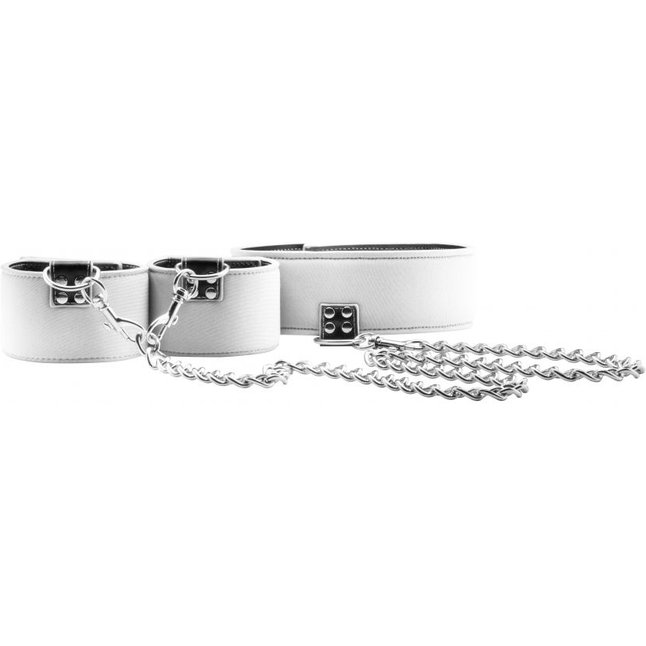 Чёрно-белый двусторонний ошейник с наручниками Reversible Collar and Wrist Cuffs - Ouch!. Фотография 3.