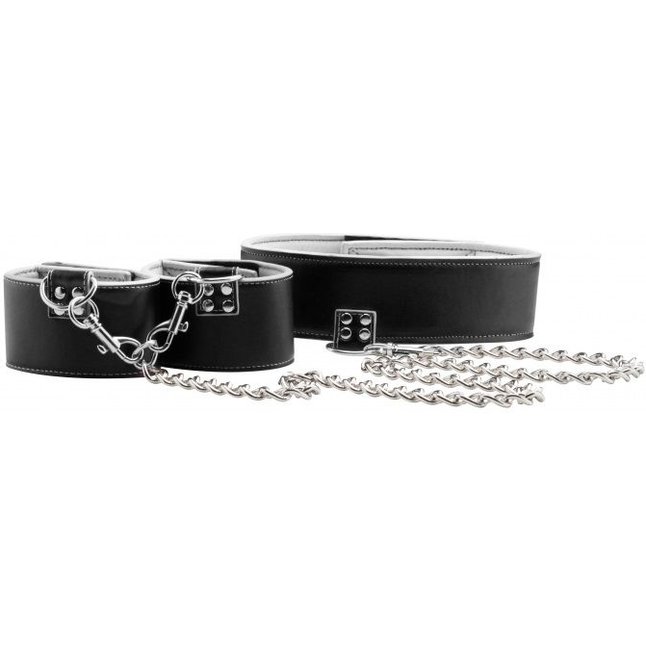 Чёрно-белый двусторонний ошейник с наручниками Reversible Collar and Wrist Cuffs - Ouch!. Фотография 4.