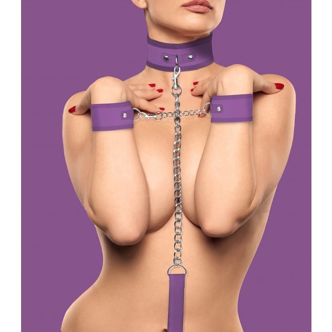 Фиолетовый ошейник с поводком и наручниками Velcro Collar With Seperate Cuffs - Ouch!