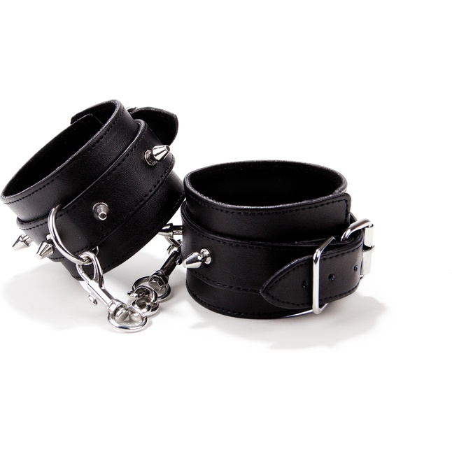Чёрные кожаные наручники с шипами Spiked Leather Handcuffs - Ouch!