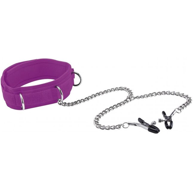 Фиолетовый воротник с зажимами для сосков Velcro Collar - Ouch!. Фотография 2.