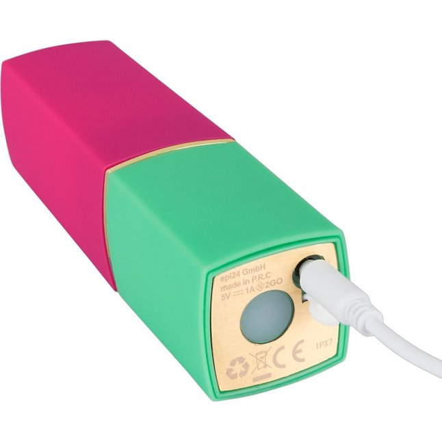 Бесконтактный стимулятор клитора в форме помады Womanizer W-260 2GO в розово-зелёном корпусе. Фотография 2.