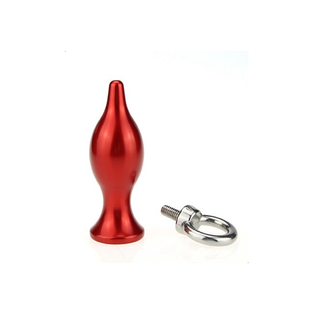 Красная металлическая анальная пробка с кольцом - 7 см. Фотография 2.