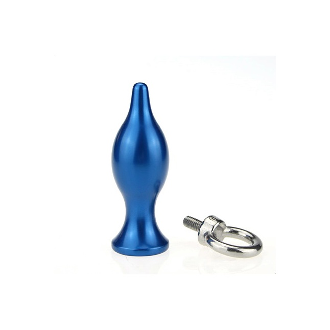Синяя металлическая анальная пробка с кольцом - 7 см. Фотография 2.