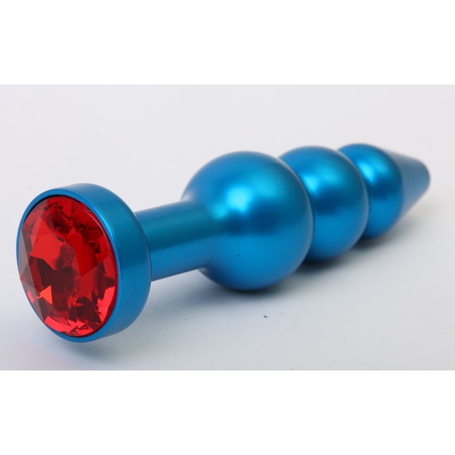Синяя фигурная анальная пробка с красным кристаллом - 11,2 см