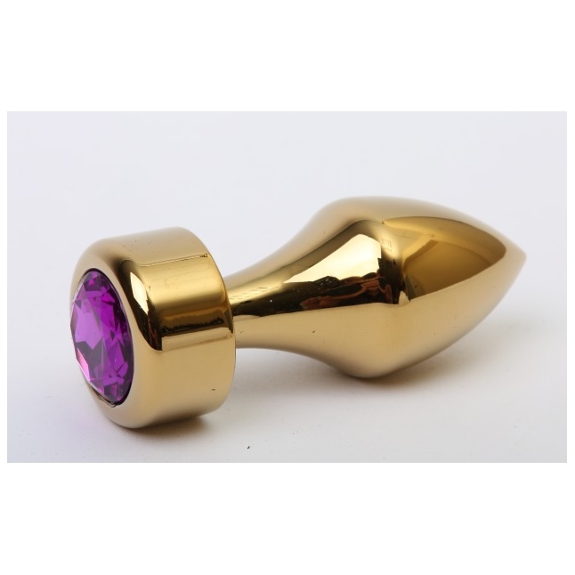 Золотистая анальная пробка с широким основанием и фиолетовым кристаллом - 7,8 см