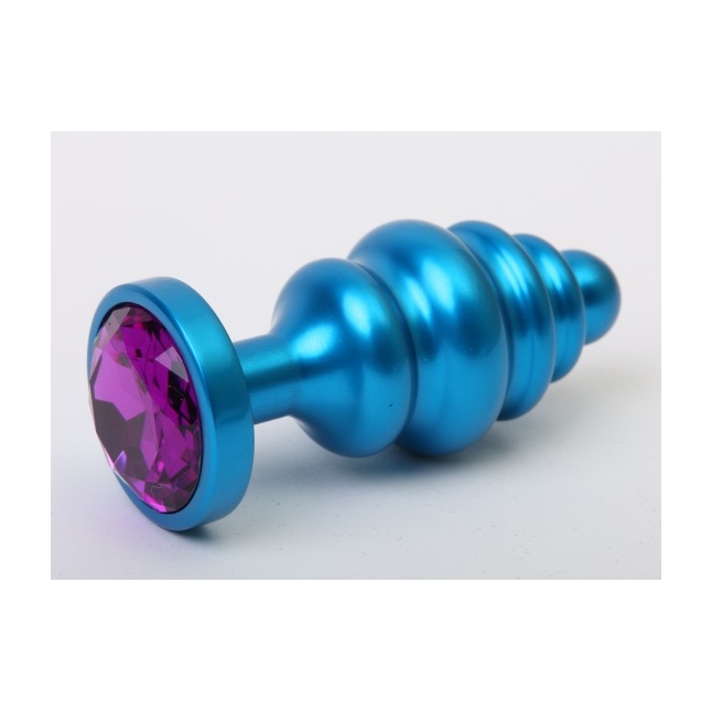 Синяя ребристая анальная пробка с фиолетовым кристаллом - 7,3 см