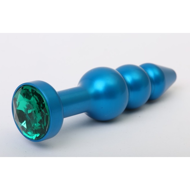 Синяя фигурная анальная пробка с зелёным кристаллом - 11,2 см