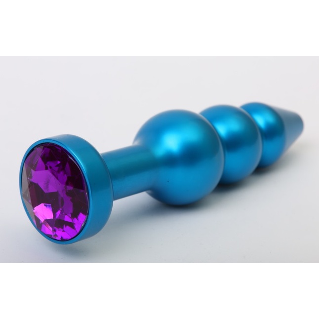 Синяя фигурная анальная пробка с фиолетовым кристаллом - 11,2 см