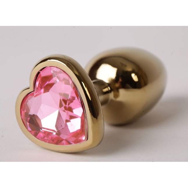 Золотистая анальная пробка с розовым стразиком-сердечком - 9 см