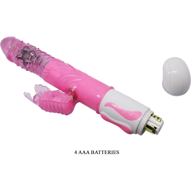 Розовый вибратор с вращением бусин и клиторальной бабочкой - 30 см. Фотография 7.