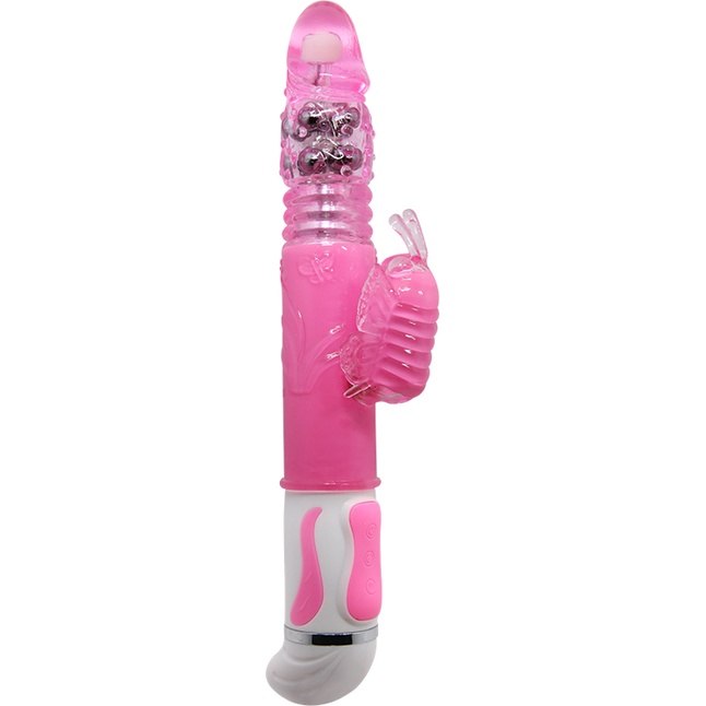 Розовый вибратор с вращением бусин и клиторальной бабочкой - 30 см