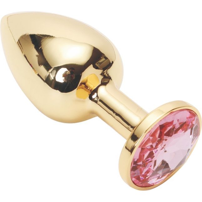 Золотистая анальная пробка с розовым кристаллом размера M - 8 см