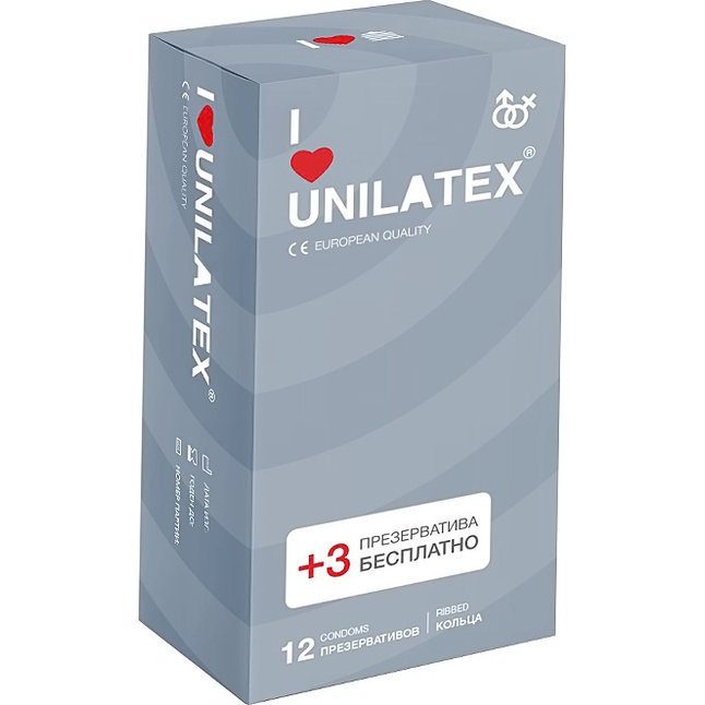 Презервативы с рёбрами Unilatex Ribbed - 12 шт. 3 шт. в подарок